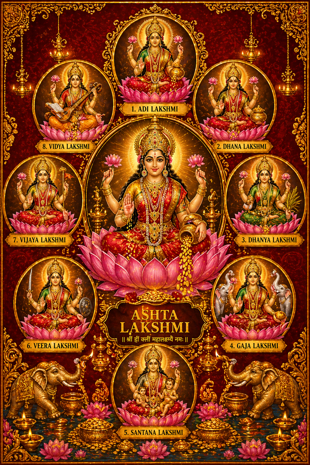 Ashta Lakshmi eight forms of Goddess Lakshmi HD wallpaper with Adi Dhana Dhanya Gaja Santana Veera Vijaya Vidya Lakshmi red gold