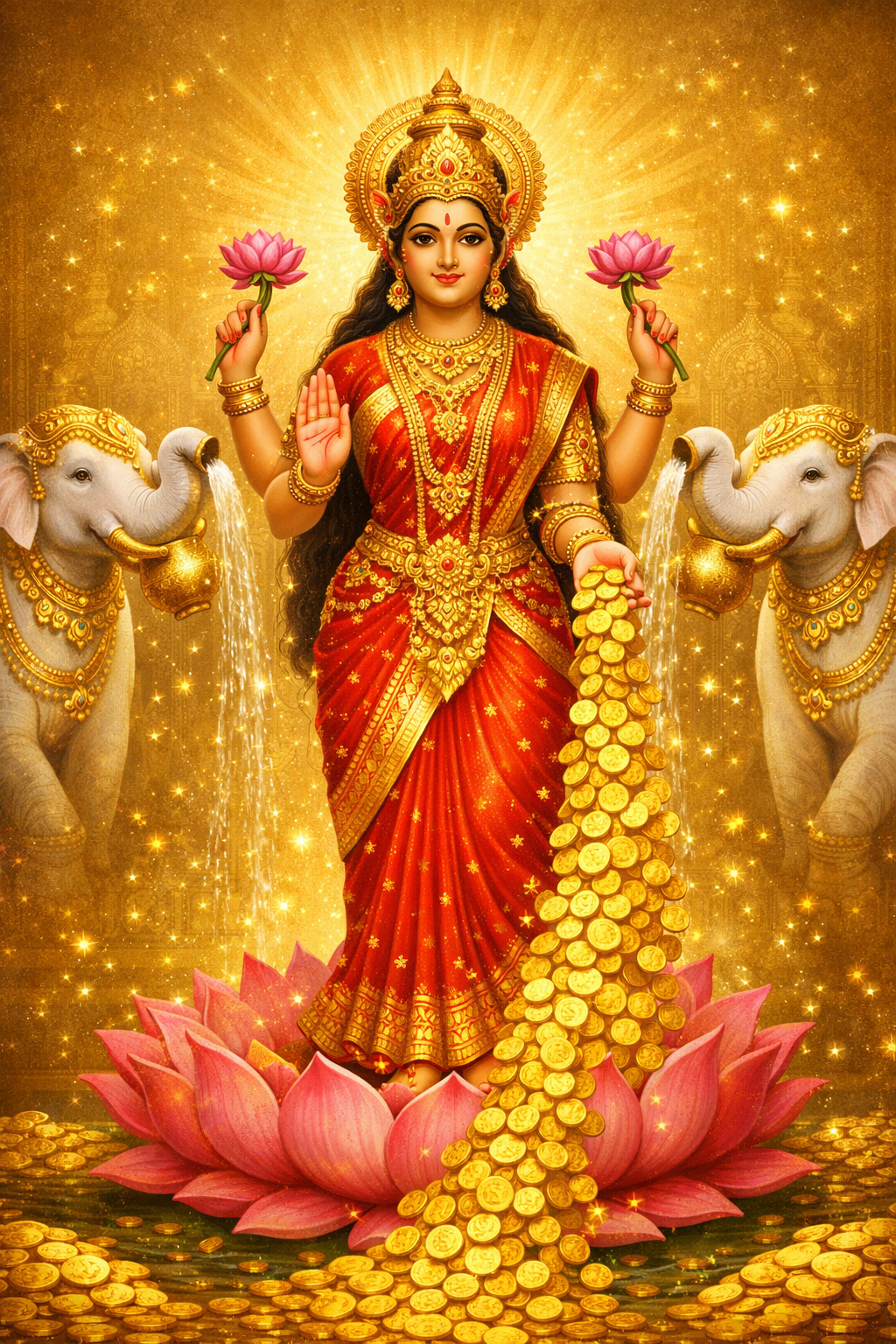 Goddess Lakshmi standing on pink lotus showering gold coins, red sari with gold, two white elephants, golden radiant background — HD devotional wallpaper