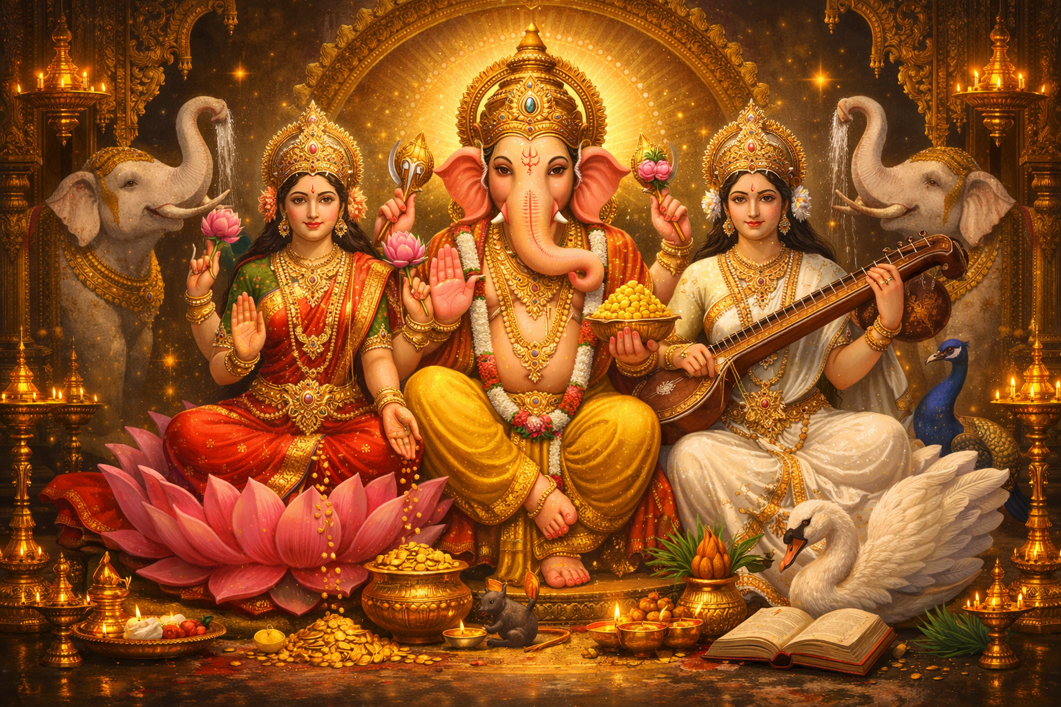 Goddess Lakshmi - Vinayaka - Goddess Saraswathi