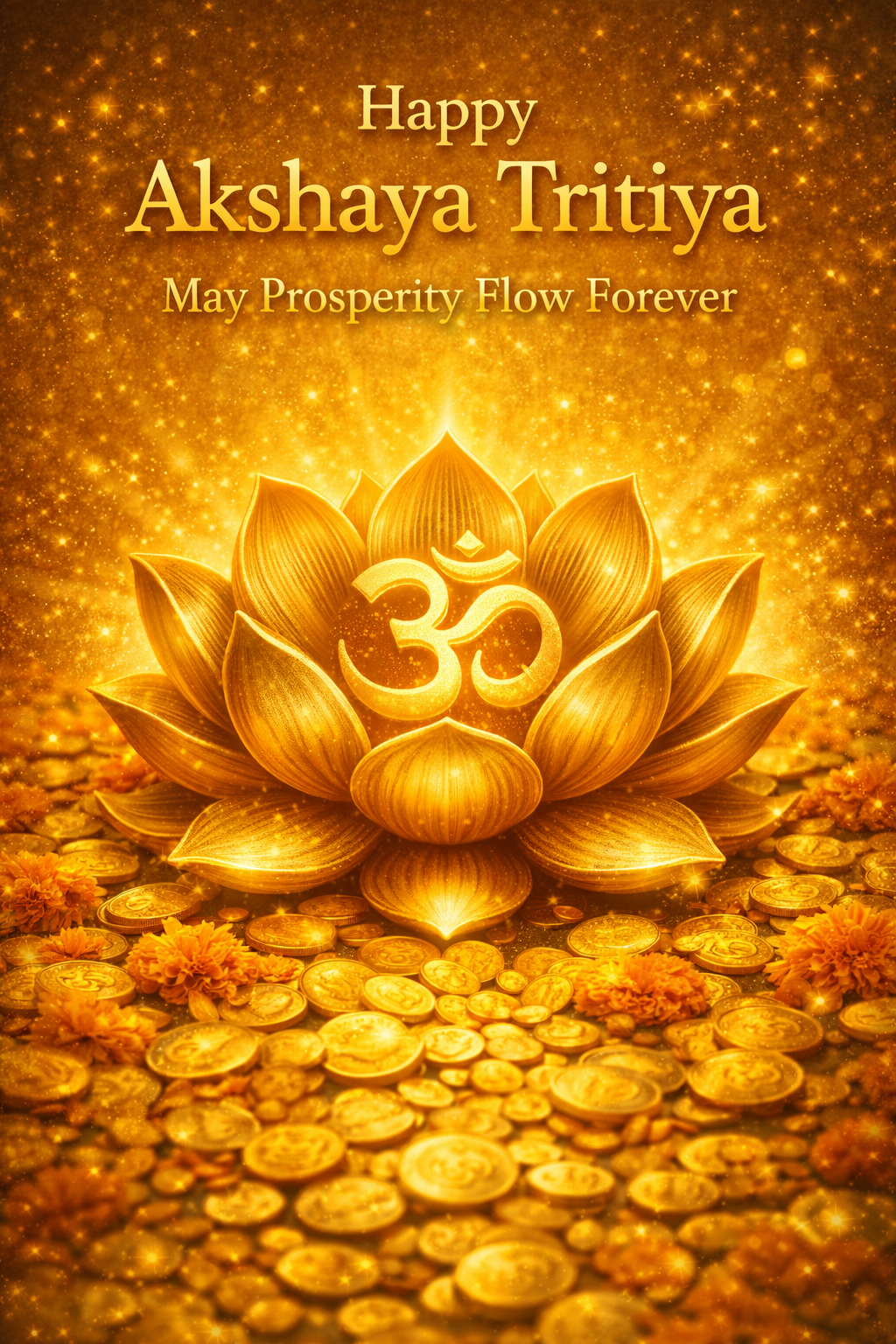 Happy Akshaya Tritiya greeting — golden lotus with Om symbol surrounded by gold coins and marigolds, May Prosperity Flow Forever text — vertical WhatsApp image