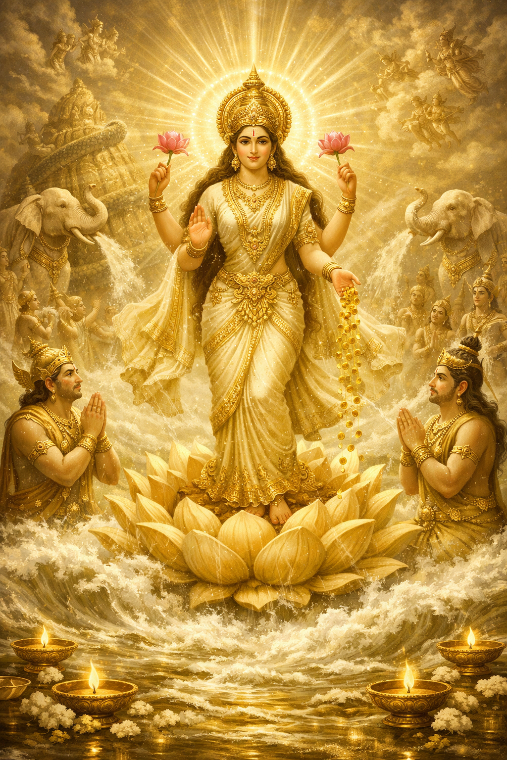 Goddess Lakshmi rising from milky ocean Samudra Manthan on lotus with elephants devotees oil lamps golden ethereal HD wallpaper