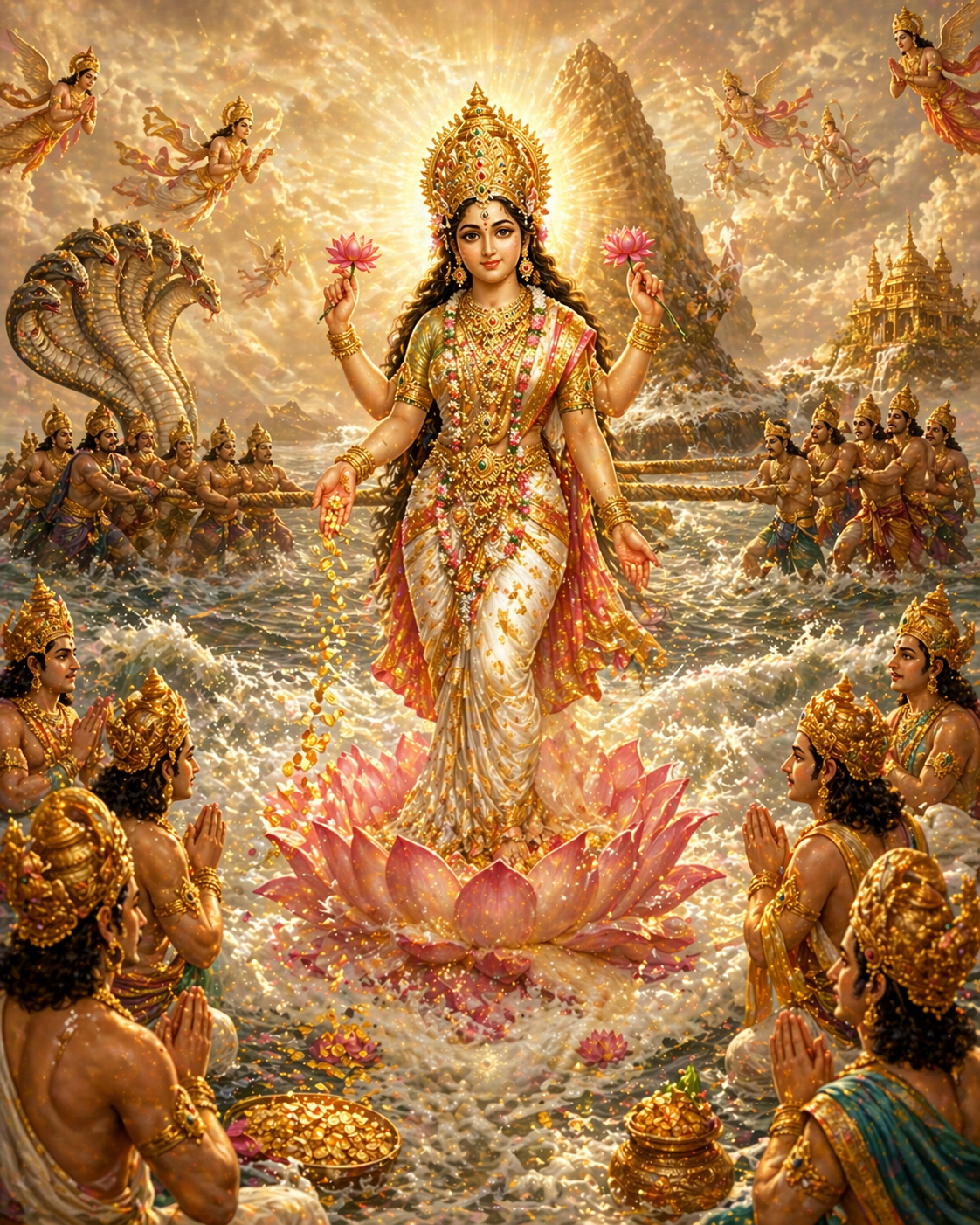 Goddess Lakshmi emerging from Samudra Manthan cosmic ocean churning standing on lotus with devas praying golden light HD wallpaper