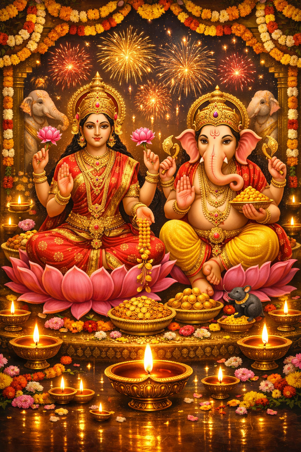 Lakshmi Ganesha Shubh Deepawali festive HD wallpaper lotus thrones diyas fireworks marigold garlands elephants night celebration