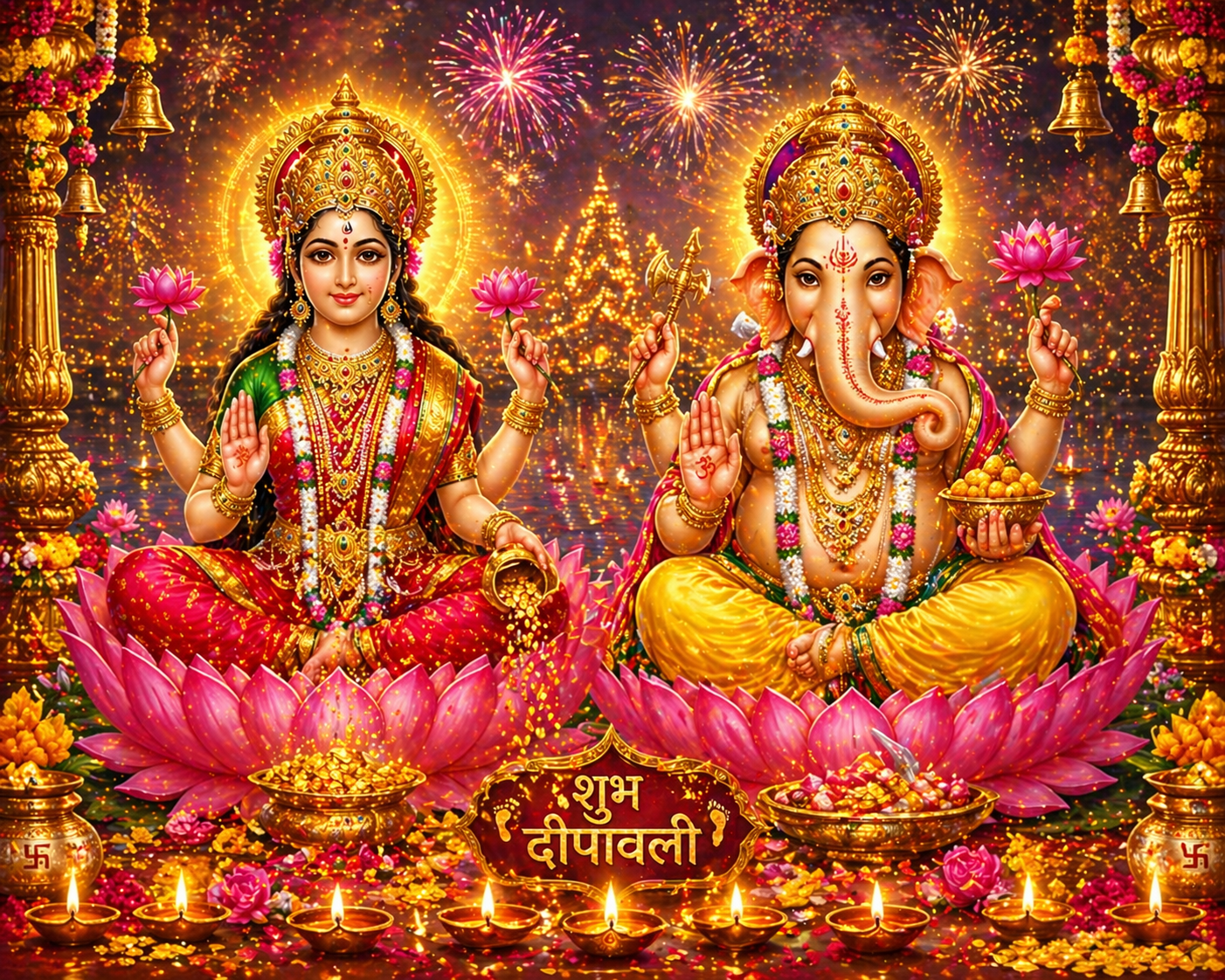 Lakshmi and Ganesha Diwali wallpaper Shubh Deepawali Hindi text lotus thrones diyas fireworks marigold garlands elephants festive