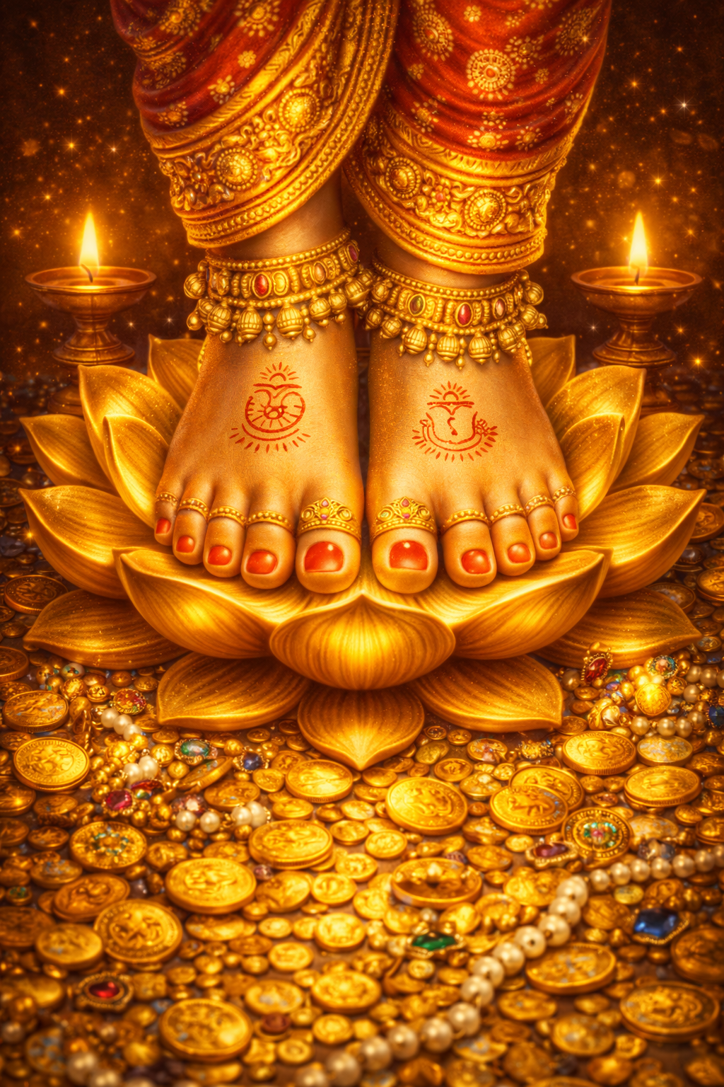 Close-up of Goddess Lakshmi's divine feet on golden lotus with gold coins and diya lamps — HD Dhanteras devotional wallpaper