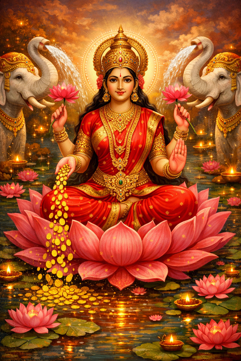 Lakshmi Devi Gajalakshmi form on lotus elephants gold coins flowing HD wallpaper diyas twilight red sari golden ornaments