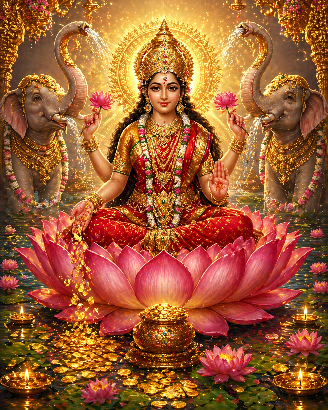 Goddess Lakshmi seated on pink lotus with elephants showering water gold coins flowing HD wallpaper red sari four arms golden light