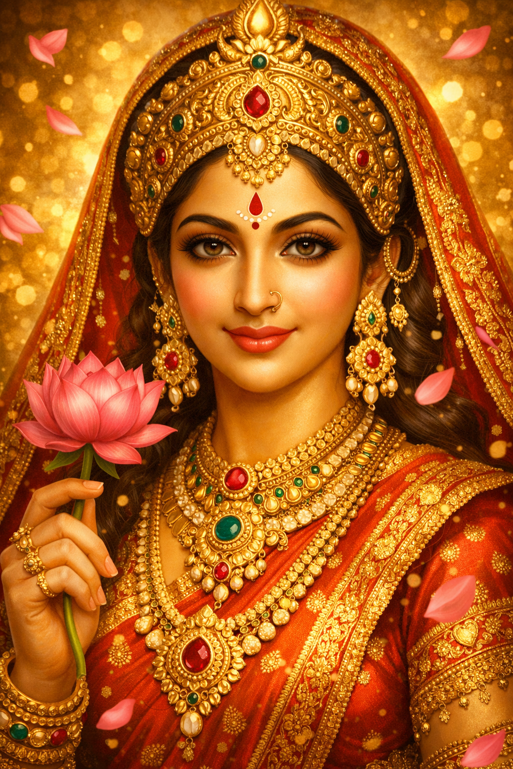 Goddess Lakshmi portrait HD wallpaper red gold sari ornate jewelry pink lotus gentle smile golden bokeh rose petals