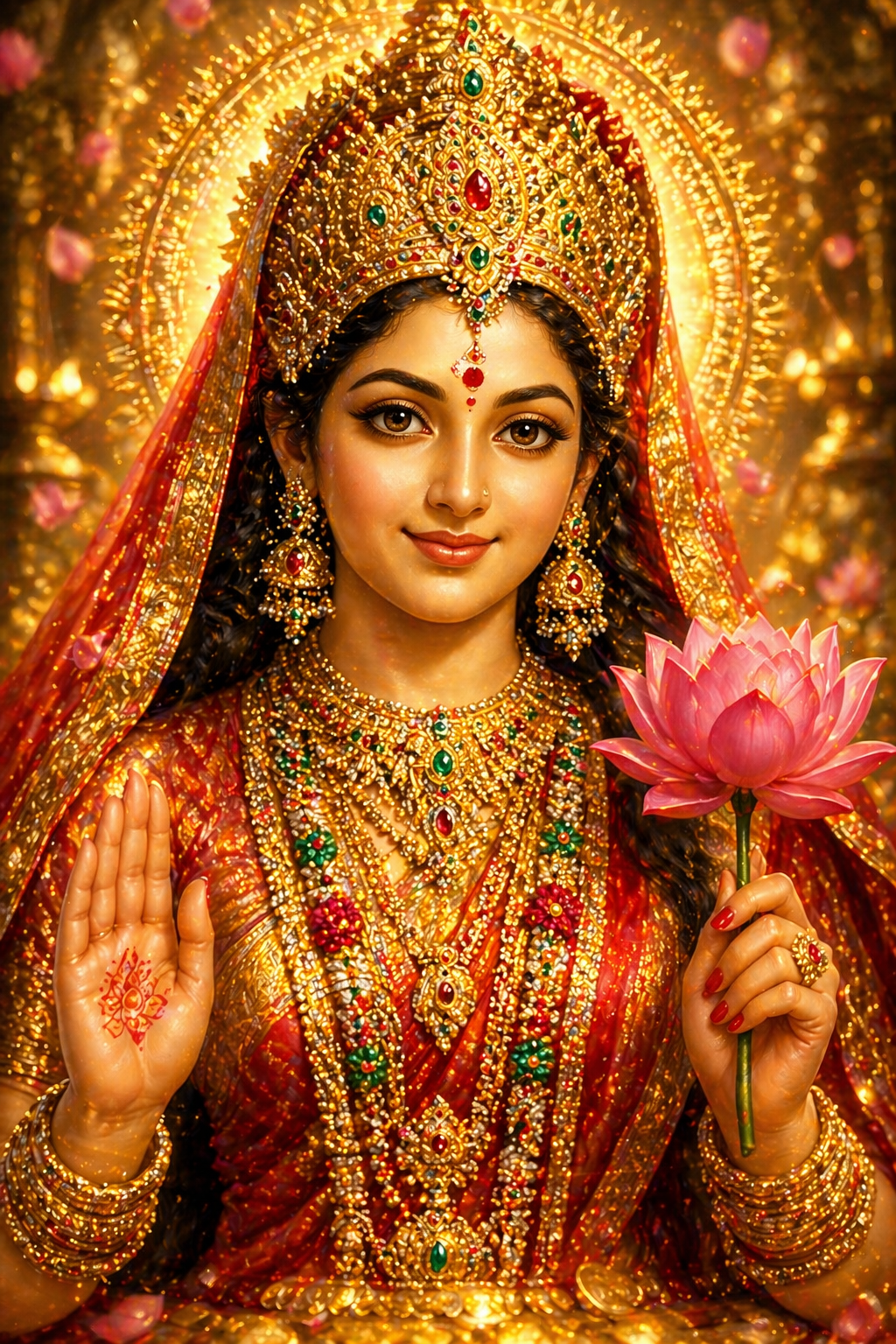 Goddess Lakshmi close-up portrait HD wallpaper holding pink lotus golden jewelry red sari divine smile bokeh petals background