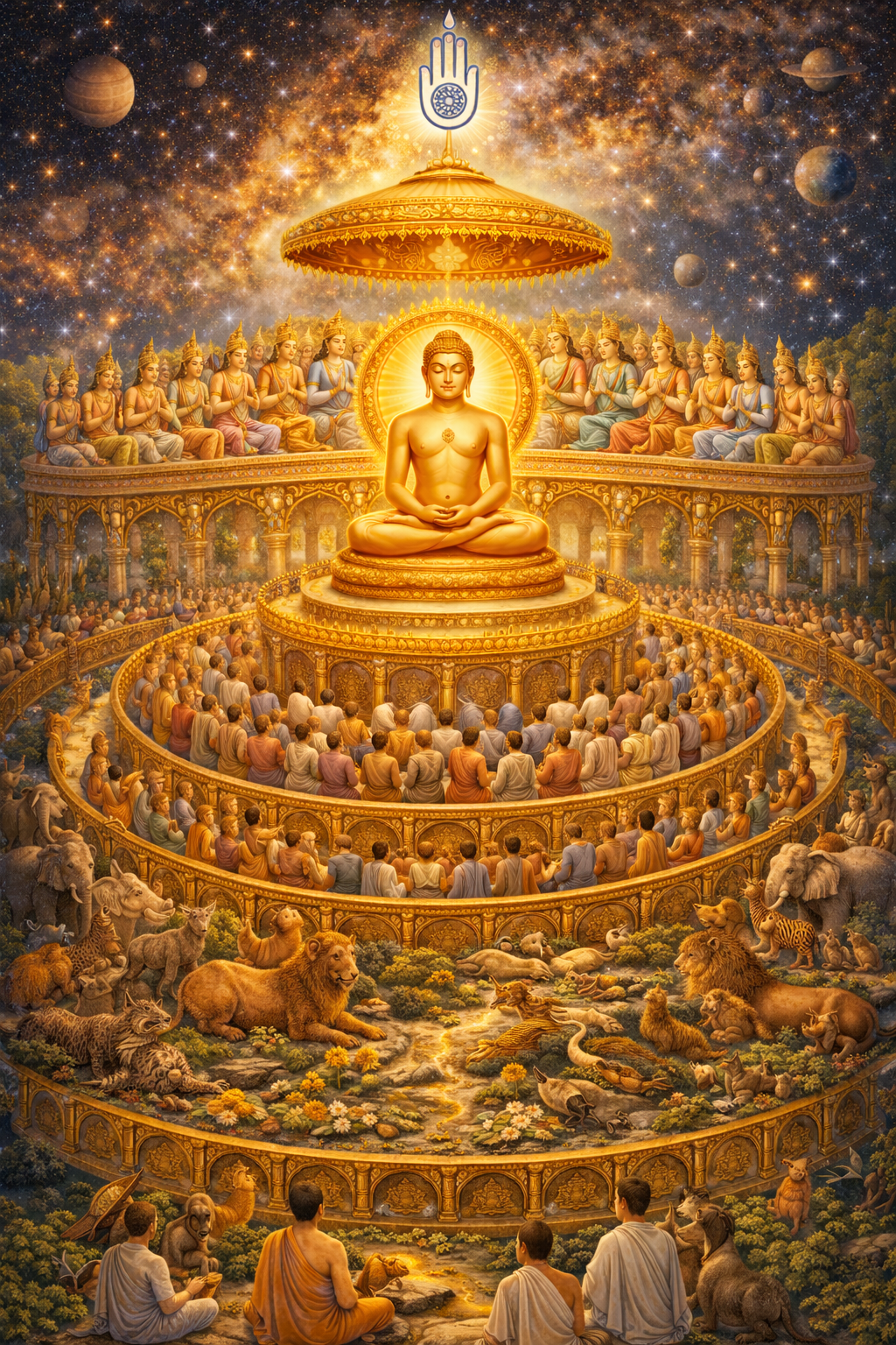Jain Samavasarana cosmic preaching hall with Tirthankara at the center, multi-tiered rings of listeners including gods, humans, and animals, divine celestial canopy, cosmic golden setting -- HD Jain wallpaper