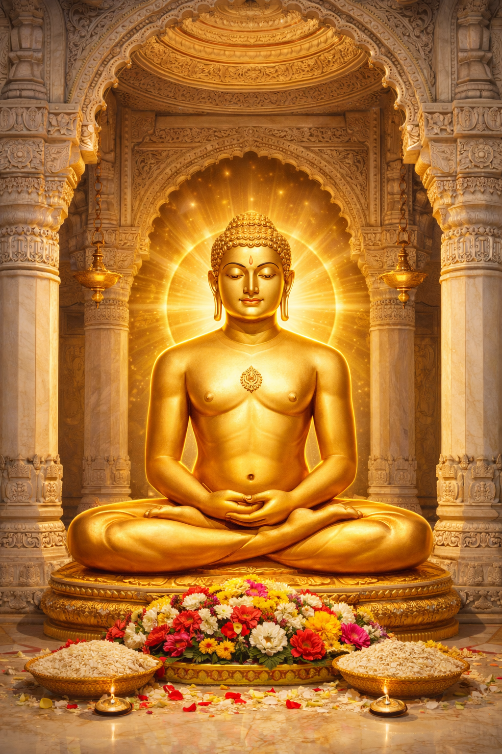 Lord Mahavira Golden Statue in Jain Temple HD Wallpaper