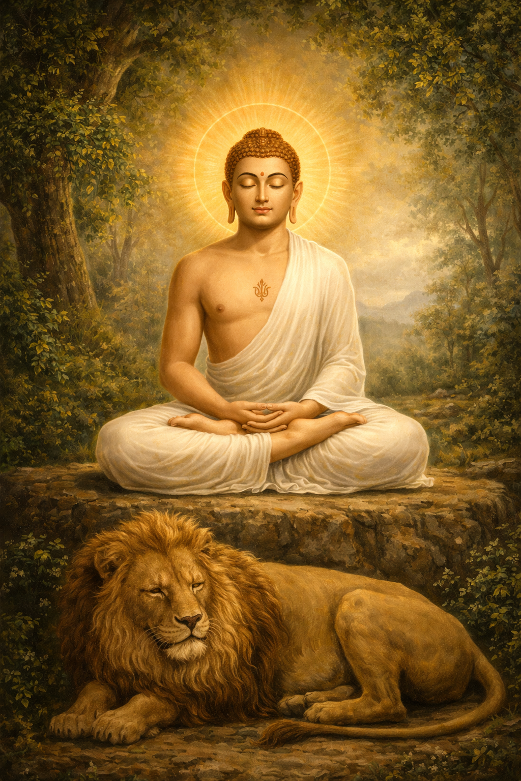 Lord Mahavira meditating in white cloth with lion at feet in forest setting Jain devotional HD wallpaper