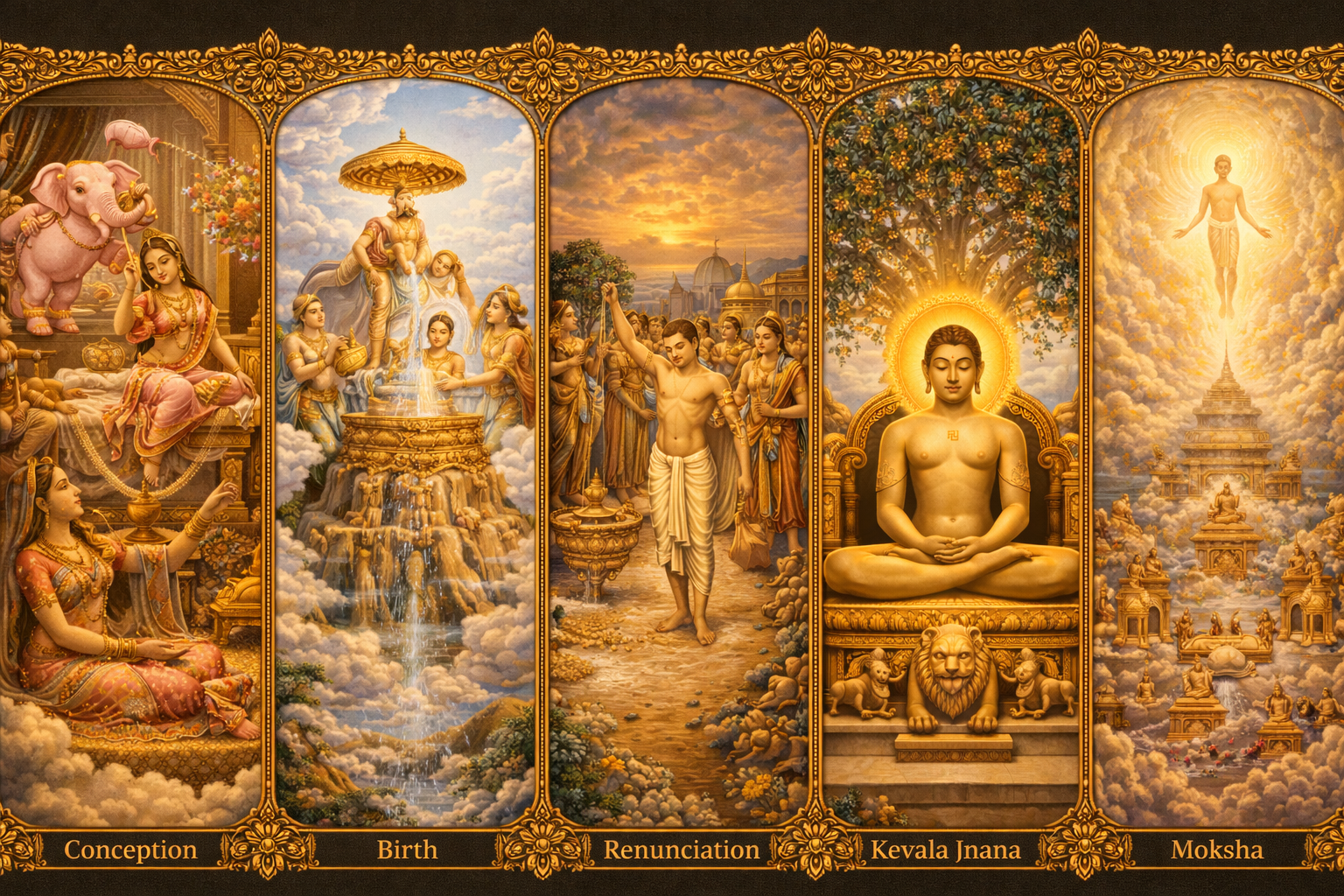 Five panel Panch Kalyanak triptych showing the five auspicious events of a Tirthankara: Conception, Birth, Renunciation, Kevala Jnana enlightenment, and Moksha liberation -- HD Jain wallpaper