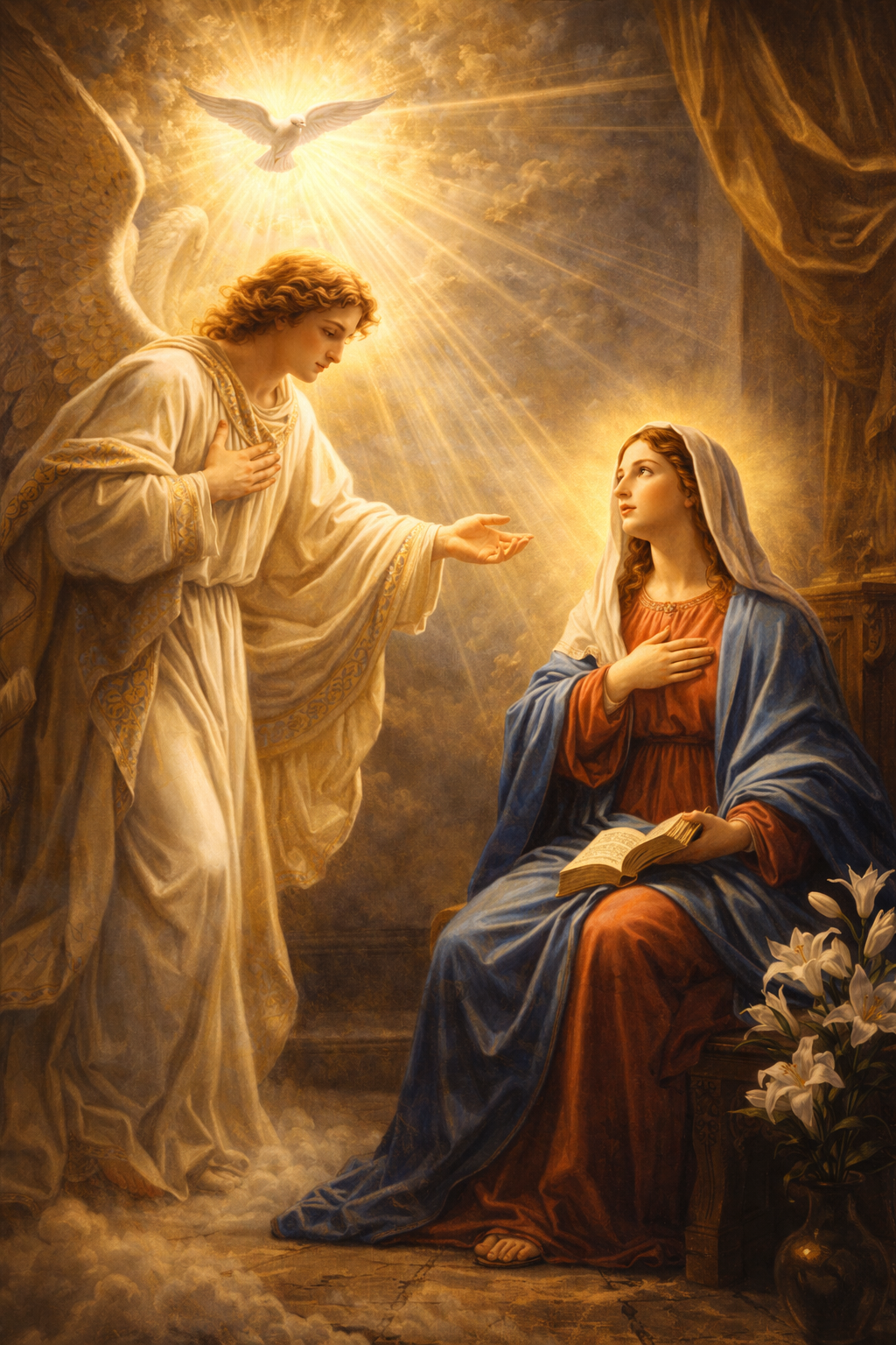 The Annunciation — Angel Gabriel appearing to Virgin Mary in humble room, divine light, white lilies, gold and blue — HD Renaissance art wallpaper