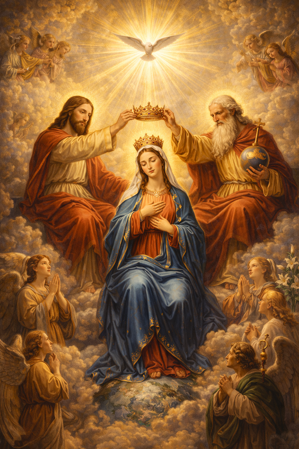 Coronation of Virgin Mary as Queen of Heaven by Jesus and God the Father, Holy Spirit dove above, angels and saints — HD classical devotional wallpaper