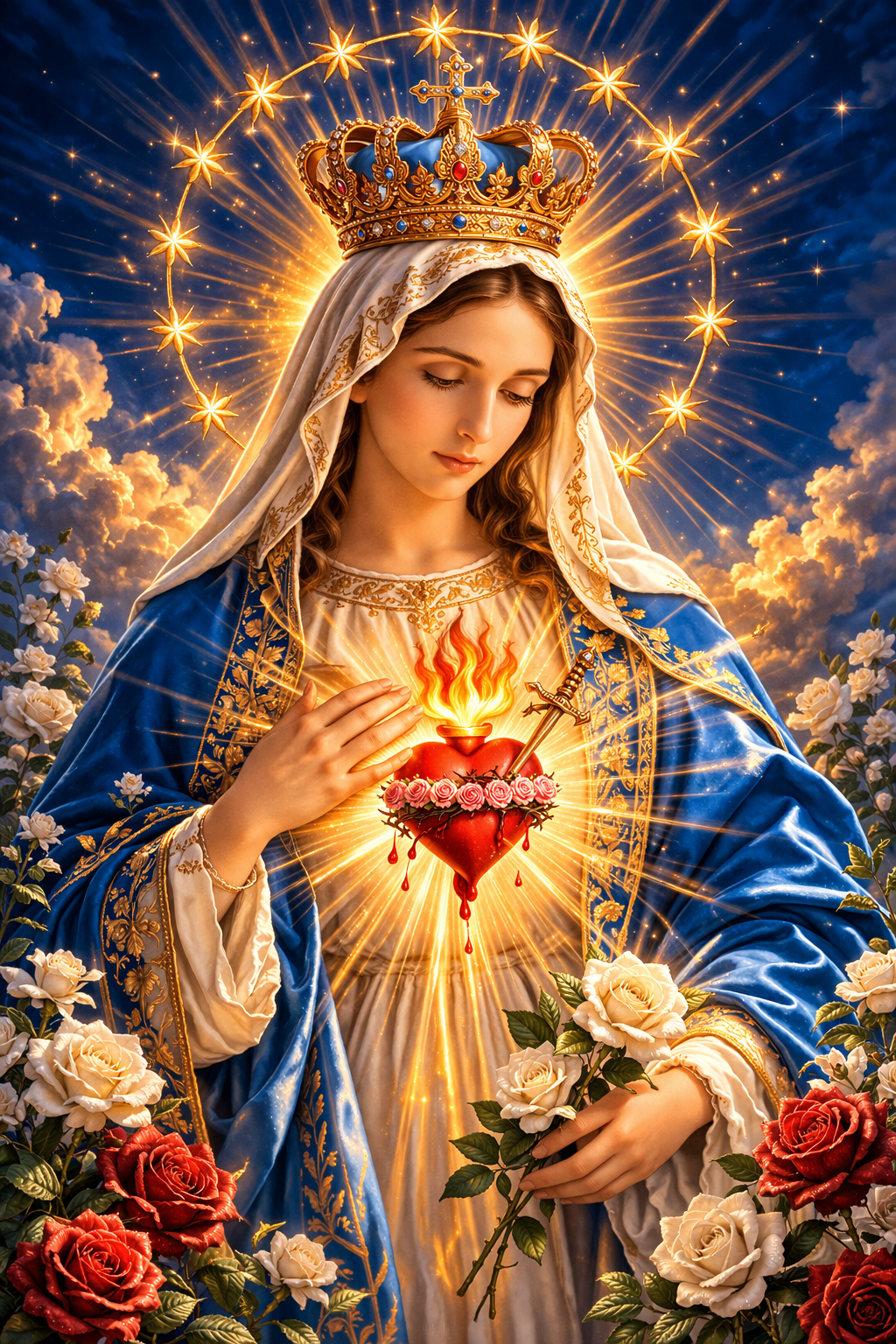 Immaculate Heart of Mary variant — heart with roses and sword, blue mantle, golden halo — HD Catholic devotional wallpaper