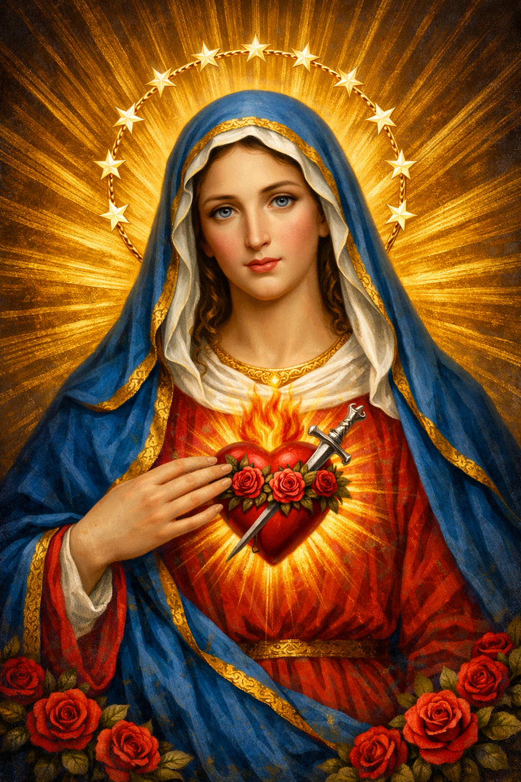 Virgin Mary depicting the Immaculate Heart -- heart surrounded by roses and pierced by a sword, golden rays emanating, blue mantle, crown of twelve stars, red roses -- Immaculate Heart of Mary Catholic HD wallpaper