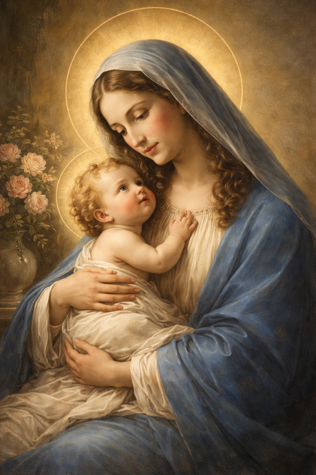 Virgin Mary tenderly holding baby Jesus, blue veil, golden halos, roses in background — Renaissance-style HD Christian wallpaper