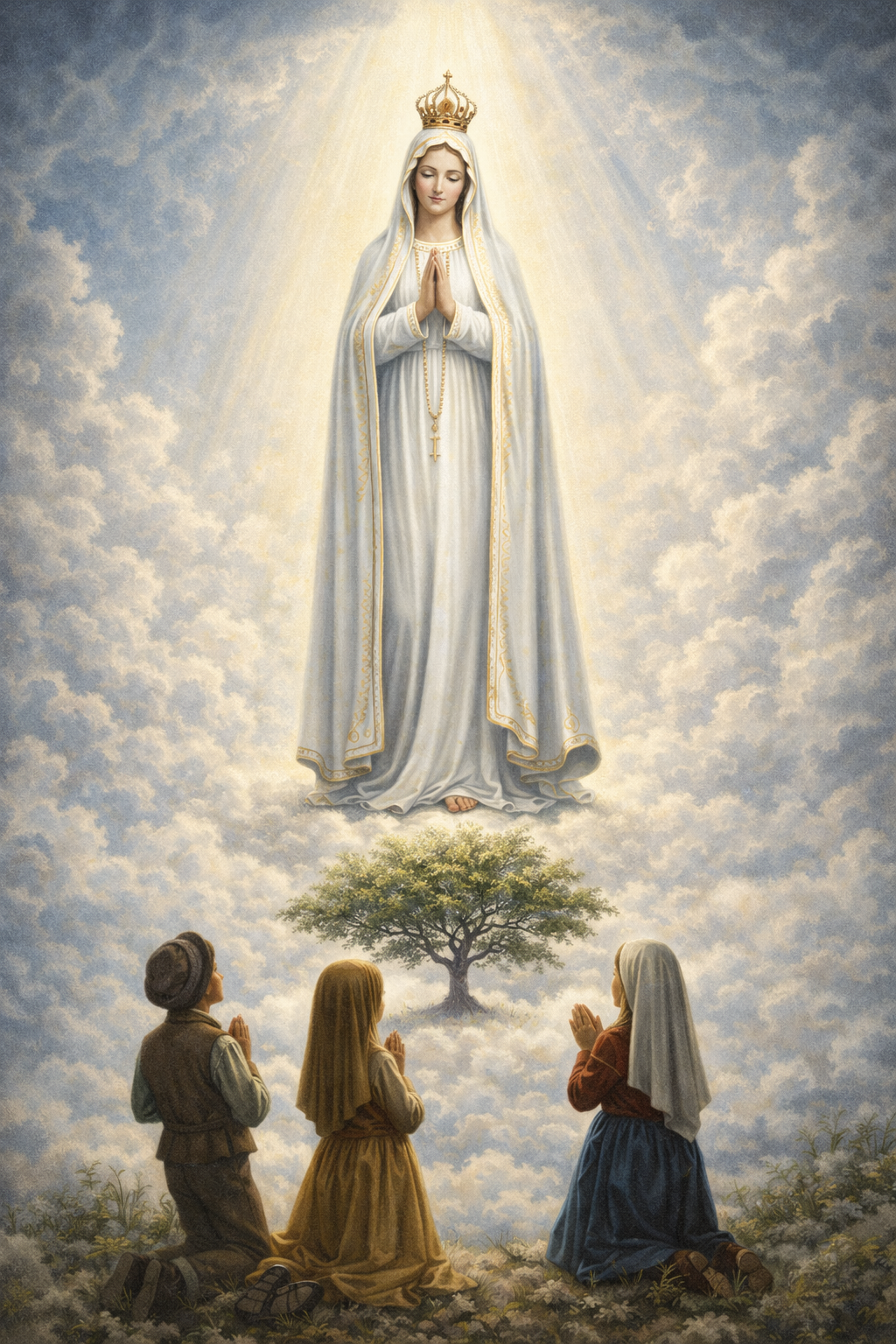 Our Lady of Fatima -- Virgin Mary in white robes and veil, hands clasped in prayer, standing on a cloud above a small oak tree, three shepherd children kneeling below in silhouette, soft divine light from above -- HD wallpaper