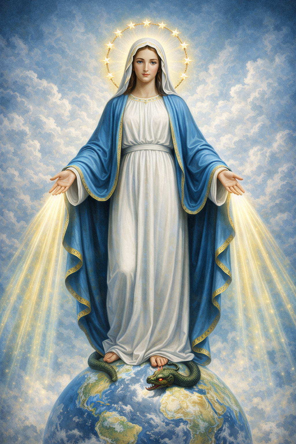 Our Lady of Grace in Miraculous Medal pose -- Virgin Mary standing with arms outstretched and slightly downward, rays of golden light streaming from open hands, white dress, blue mantle, standing on globe with serpent, stars forming halo around her head -- HD wallpaper