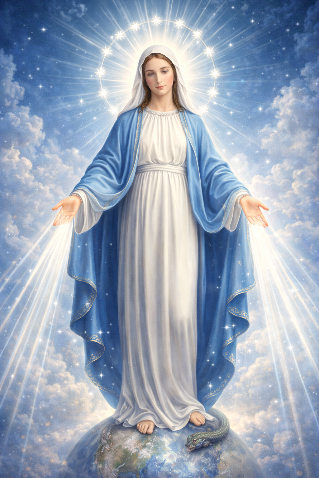 Our Lady of Grace — Miraculous Medal Pose with Light Rays
