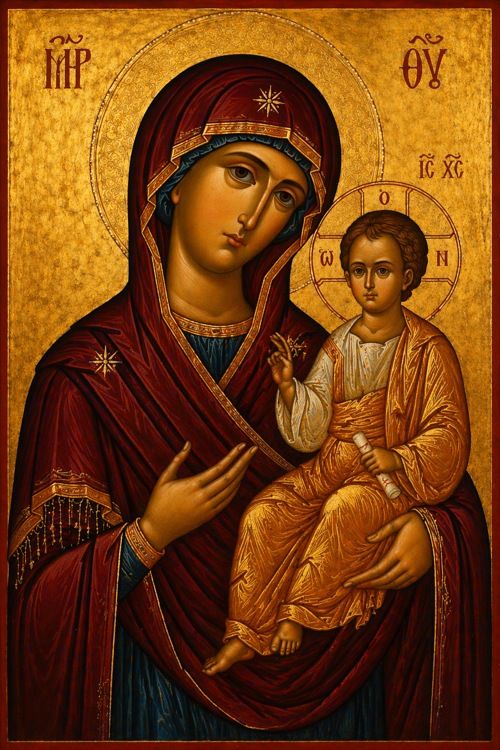 Orthodox Theotokos icon -- Virgin Mary in red maphorion holding Christ child with golden halo, Byzantine gold leaf background, traditional icon style with Greek inscriptions MR ΘΥ -- HD icon wallpaper