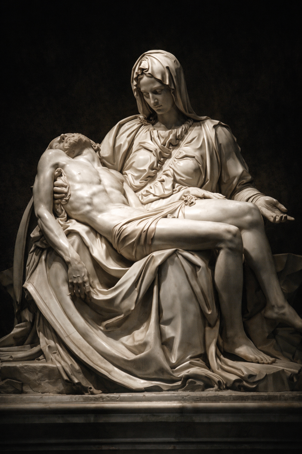 The Pieta — Mary holding body of Jesus after crucifixion in Renaissance marble sculpture style, dramatic chiaroscuro lighting — HD wallpaper