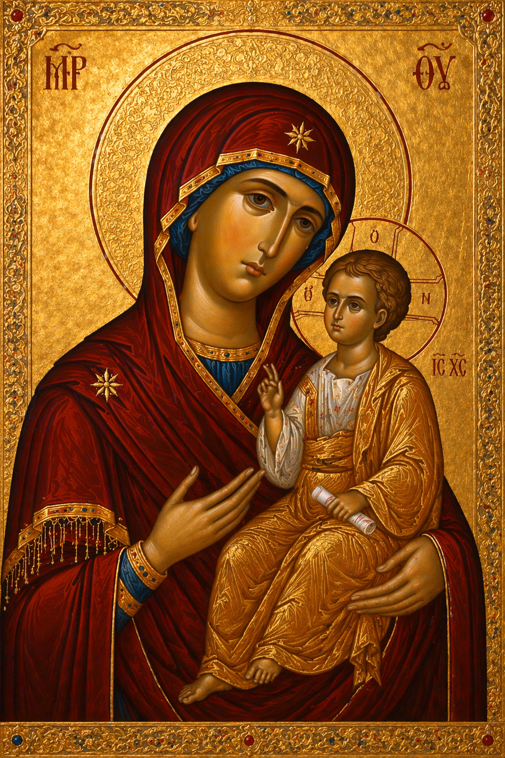 Theotokos Mother of God Byzantine icon -- Virgin Mary holding infant Jesus, gold leaf background, deep red maphorion veil over blue robe, solemn stylized faces with large eyes, traditional Orthodox icon art -- HD wallpaper