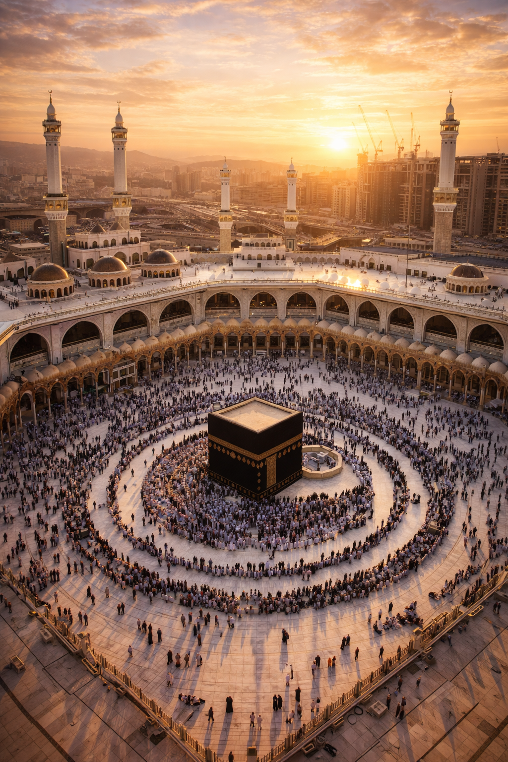 Kaaba from aerial view showing Mataf circumambulation area around the Kaaba, surrounding marble courtyard, minarets, vast Masjid al-Haram mosque complex -- dramatic golden hour lighting HD wallpaper