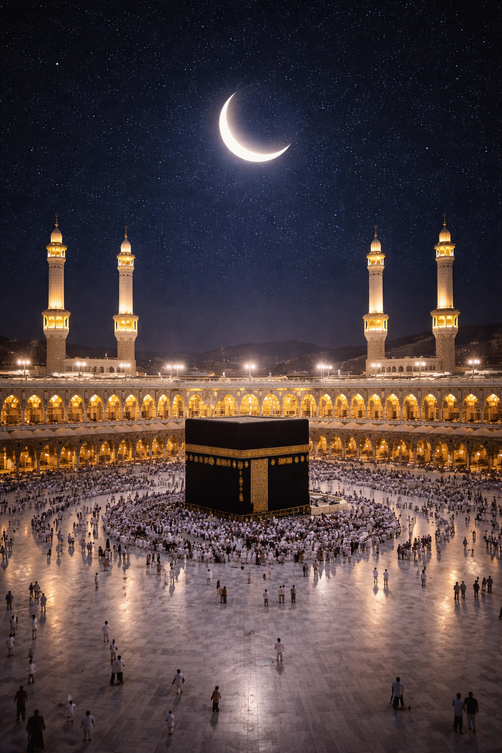 Kaaba with crescent moon directly above in clear starry night sky, mosque illuminated with warm golden lights -- spiritual serene Mecca HD wallpaper