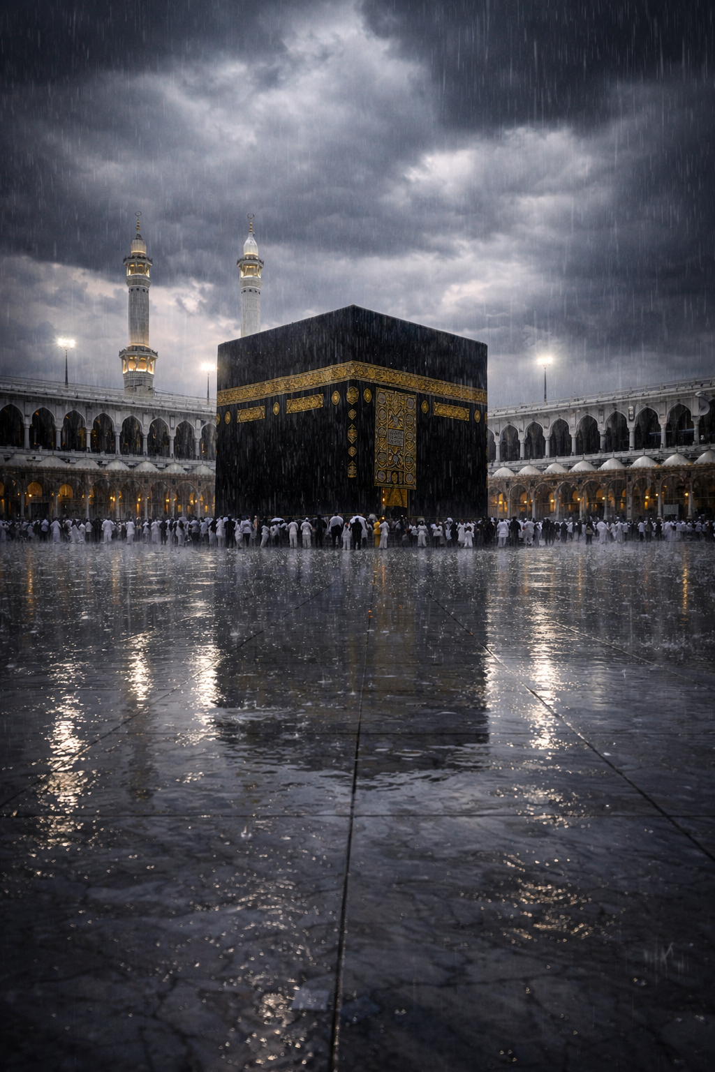 Kaaba during rainfall with rain falling on marble courtyard creating reflections on wet stone, dramatic cloudy sky -- atmospheric sacred HD wallpaper
