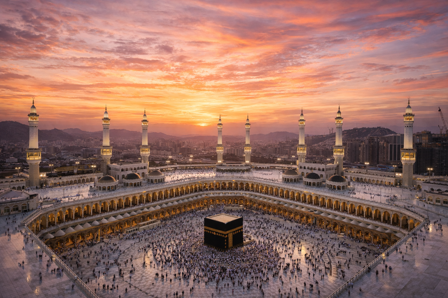 Masjid al-Haram panoramic view with Kaaba at center, multiple minarets against golden pink sunset sky, mountains of Mecca in background -- grand scale mosque complex HD wallpaper