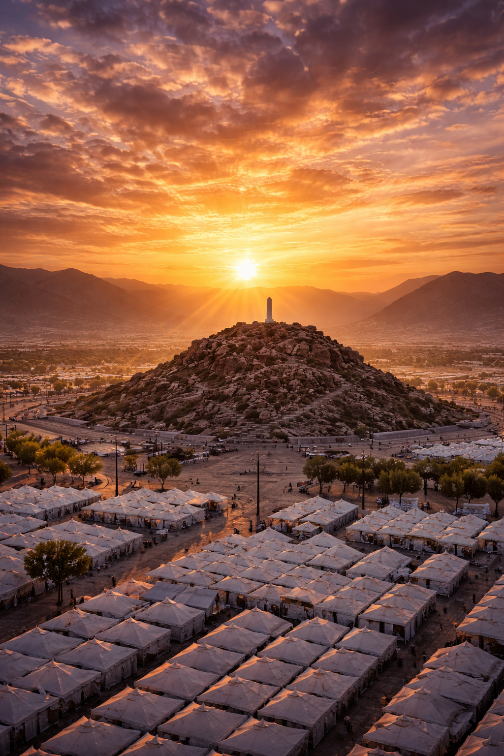 Mount Arafat plain at sunrise during Hajj season with Jabal al-Rahmah Mount of Mercy in center, dramatic sunrise sky -- spiritual majestic Hajj landscape HD wallpaper