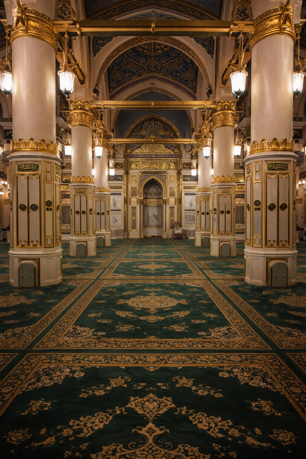 Rawdah Green Carpet area inside Masjid an-Nabawi with ornate pillars, green carpet and mihrab prayer niche, warm reverent interior detail -- Prophet's Mosque Medina HD wallpaper