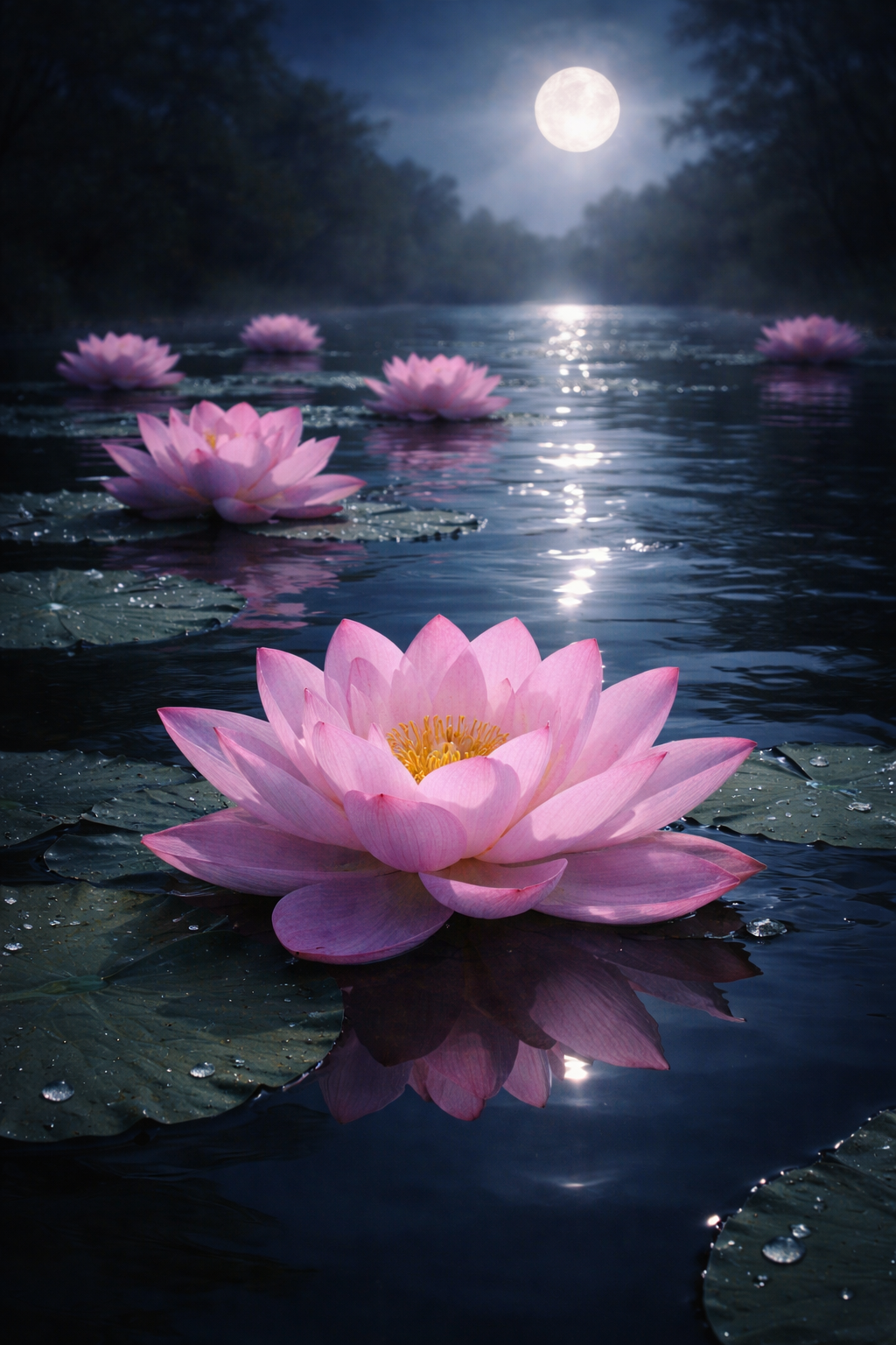 Pink lotus flowers in full bloom floating on perfectly still dark water under moonlight, reflections shimmering, Buddhist symbolism of purity rising from mud -- HD meditation wallpaper
