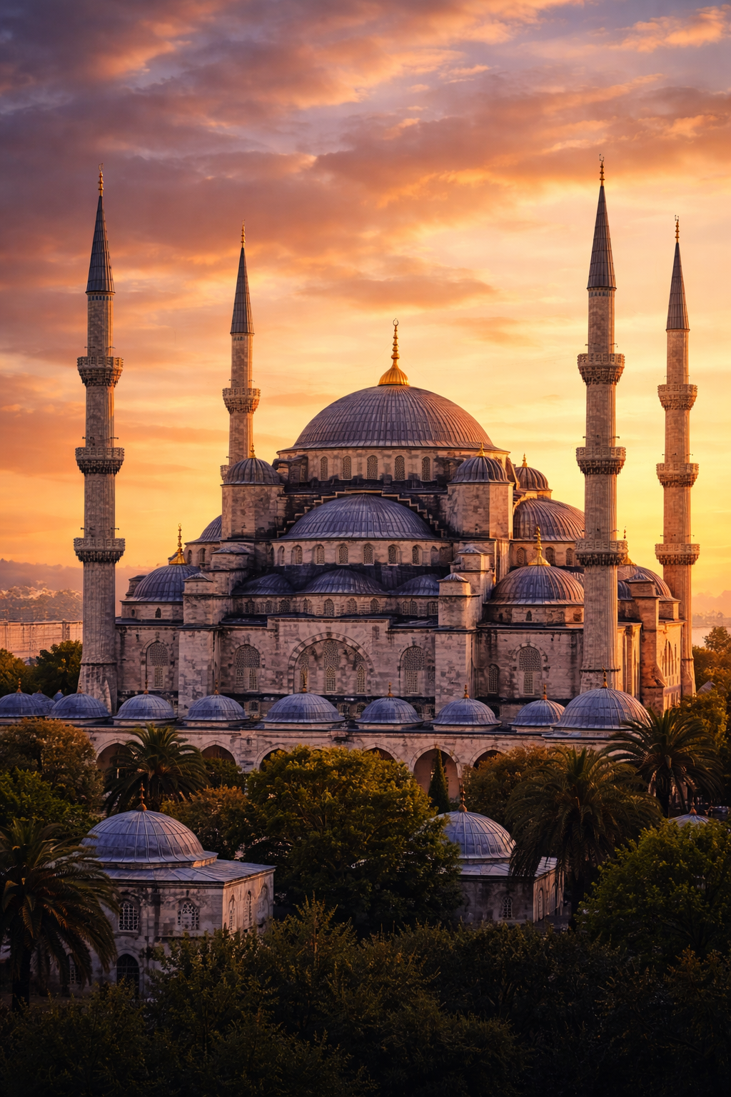 Blue Mosque Sultan Ahmed Mosque style with six minarets and cascading domes covered in blue Iznik tiles against golden sunset sky -- grand Ottoman Islamic architecture HD wallpaper