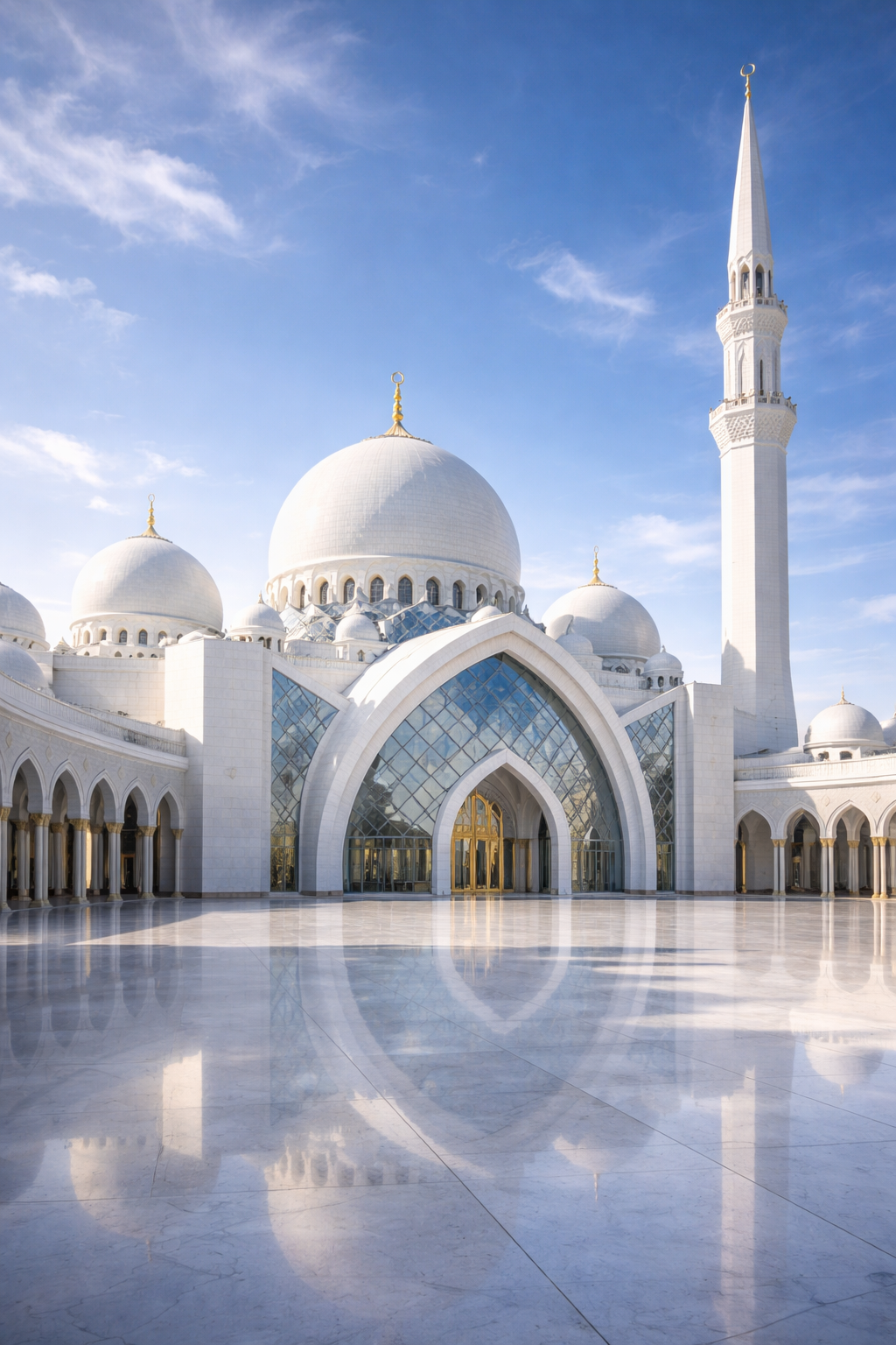 Modern contemporary mosque with sleek white curves, geometric glass panels, minimalist minaret, blue sky -- Sheikh Zayed Grand Mosque style modern Islamic architecture HD wallpaper