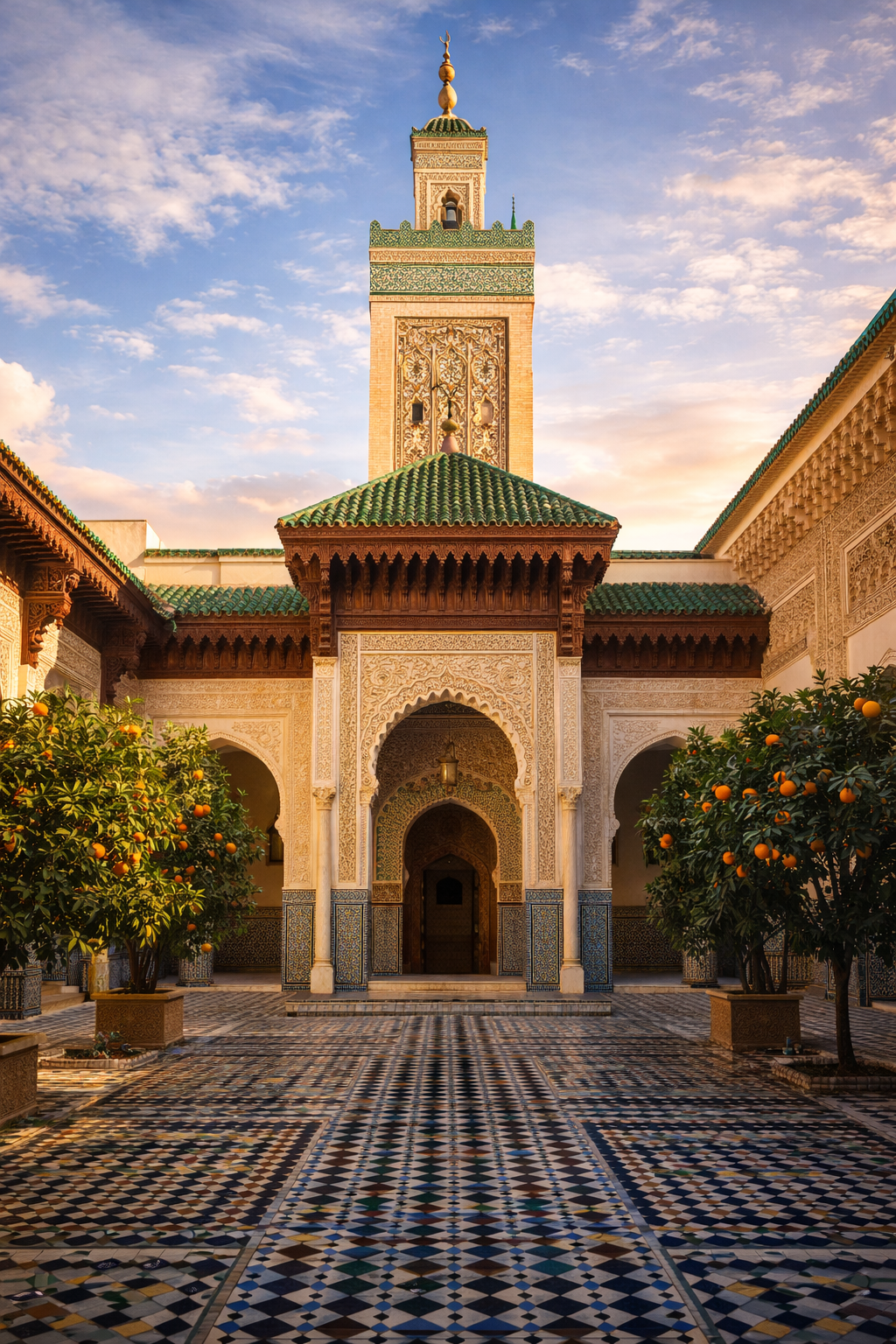 Moroccan mosque with intricate zellige mosaic tilework, green-tiled minaret, carved stucco courtyard with orange trees -- North African Islamic architecture warm Mediterranean light HD wallpaper