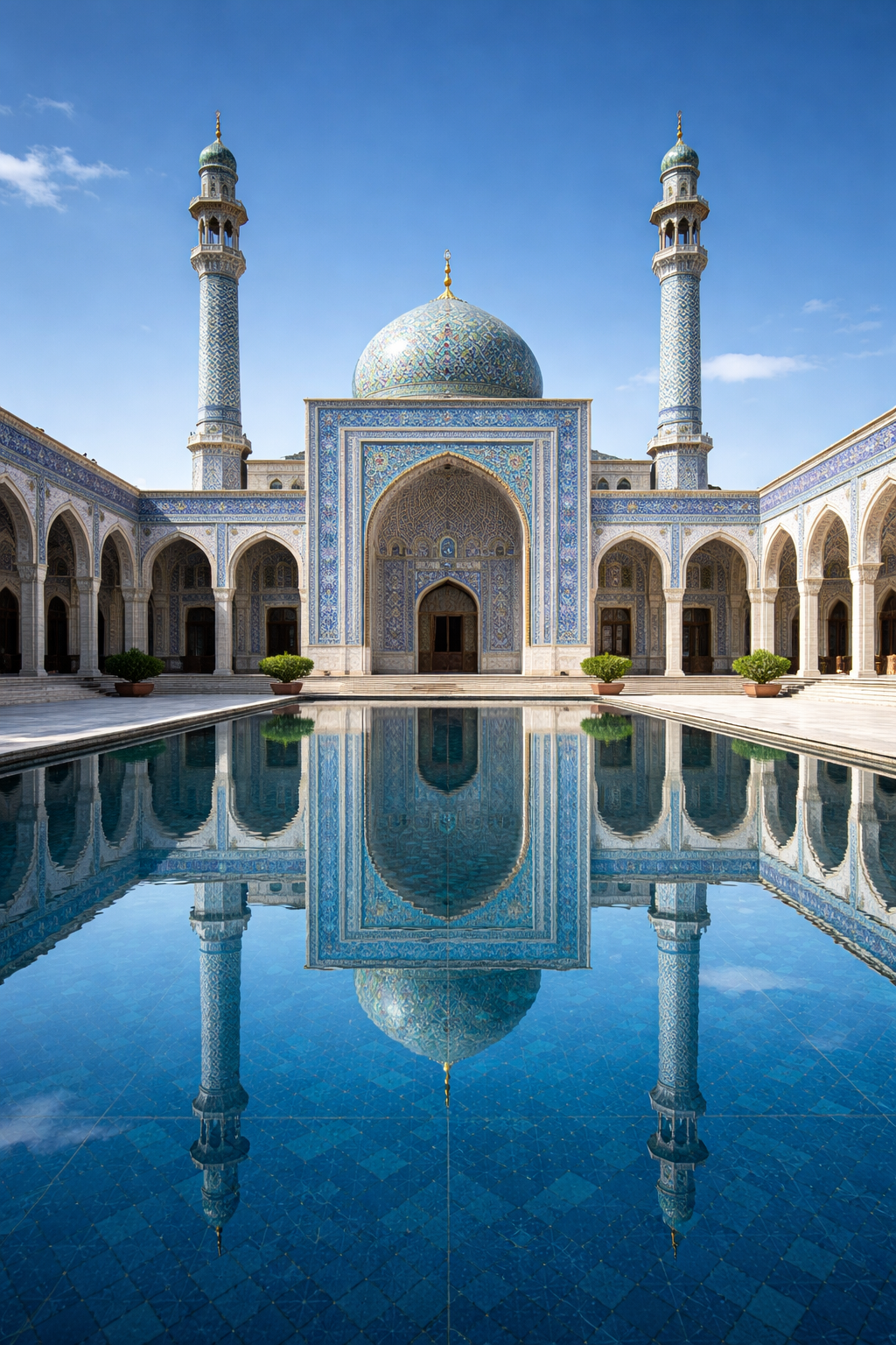 Mosque courtyard with reflective pool perfectly mirroring the mosque facade and minarets in still water, blue and white tilework, clear blue sky, symmetrical composition -- Islamic architecture HD wallpaper