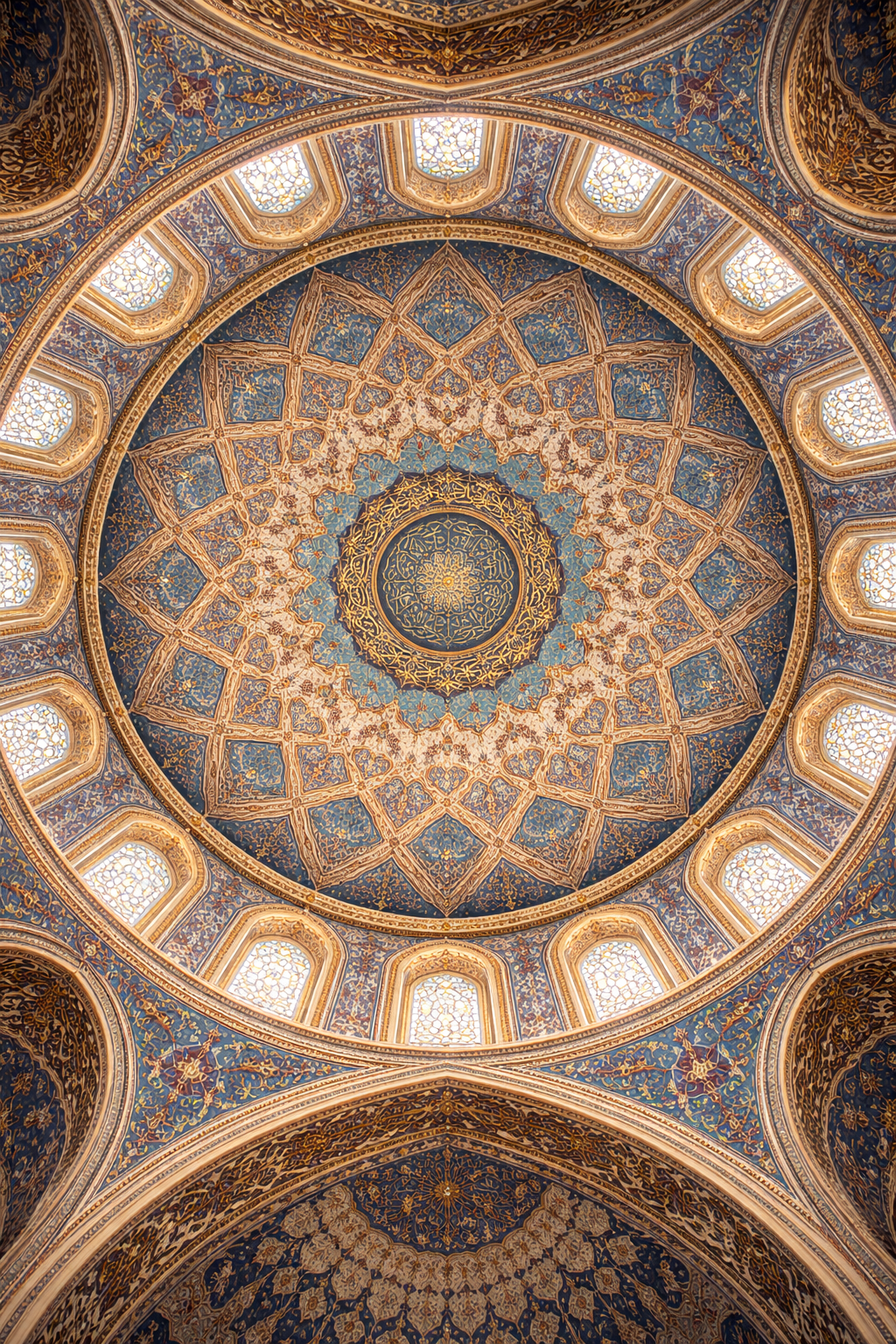 Looking straight up at ornately painted mosque dome ceiling with intricate geometric Islamic patterns in blue gold red and turquoise -- architectural detail photography HD wallpaper