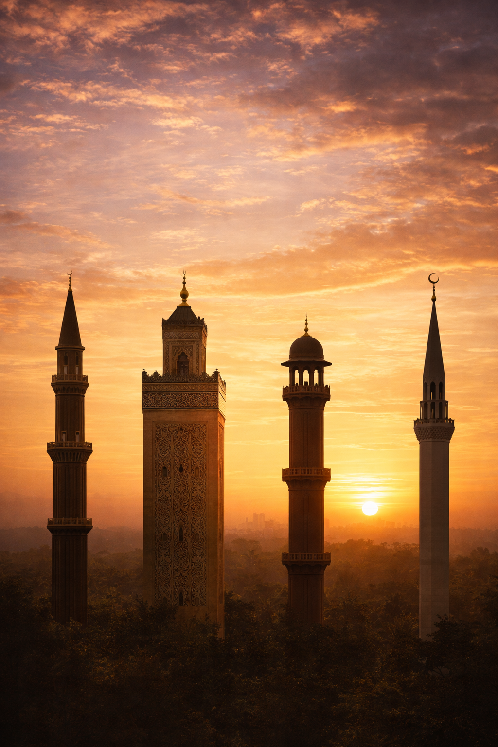Four elegant mosque minarets from different architectural traditions Ottoman Moroccan Mughal modern silhouetted against golden sunrise sky -- global Islamic heritage HD wallpaper