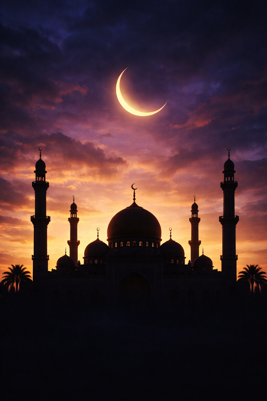 Mosque with domes and minarets in dark silhouette against dramatic twilight sky with glowing crescent moon, purple blue and gold sky -- Islamic architecture HD wallpaper
