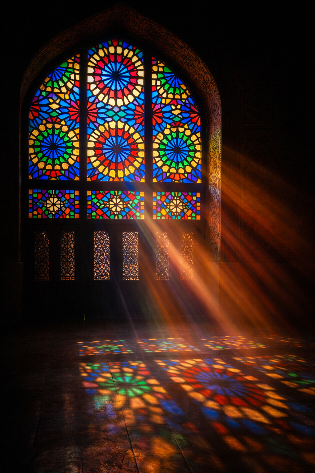 Mosque window with intricate geometric stained glass patterns casting colorful light beams into dark interior -- jewel tone colors red blue green gold on dark background HD wallpaper