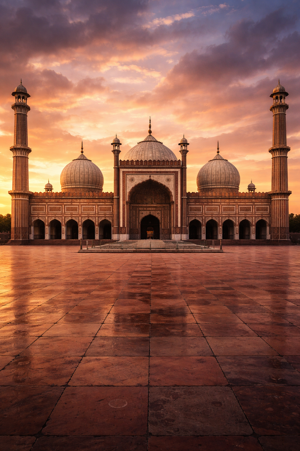 Mughal-style mosque in red sandstone with white marble inlay, three large domes, massive courtyard -- Jama Masjid Badshahi Mosque style Indian Islamic architecture dramatic sky HD wallpaper