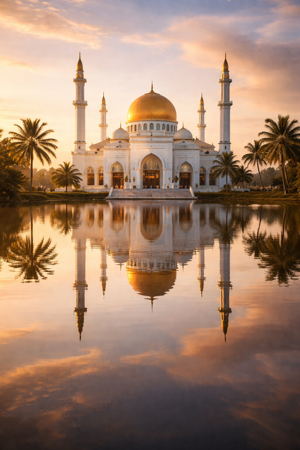White mosque with golden dome surrounded by palm trees reflected in calm lake at sunrise, warm golden morning light, tropical Malaysian Indonesian Islamic architecture -- HD wallpaper