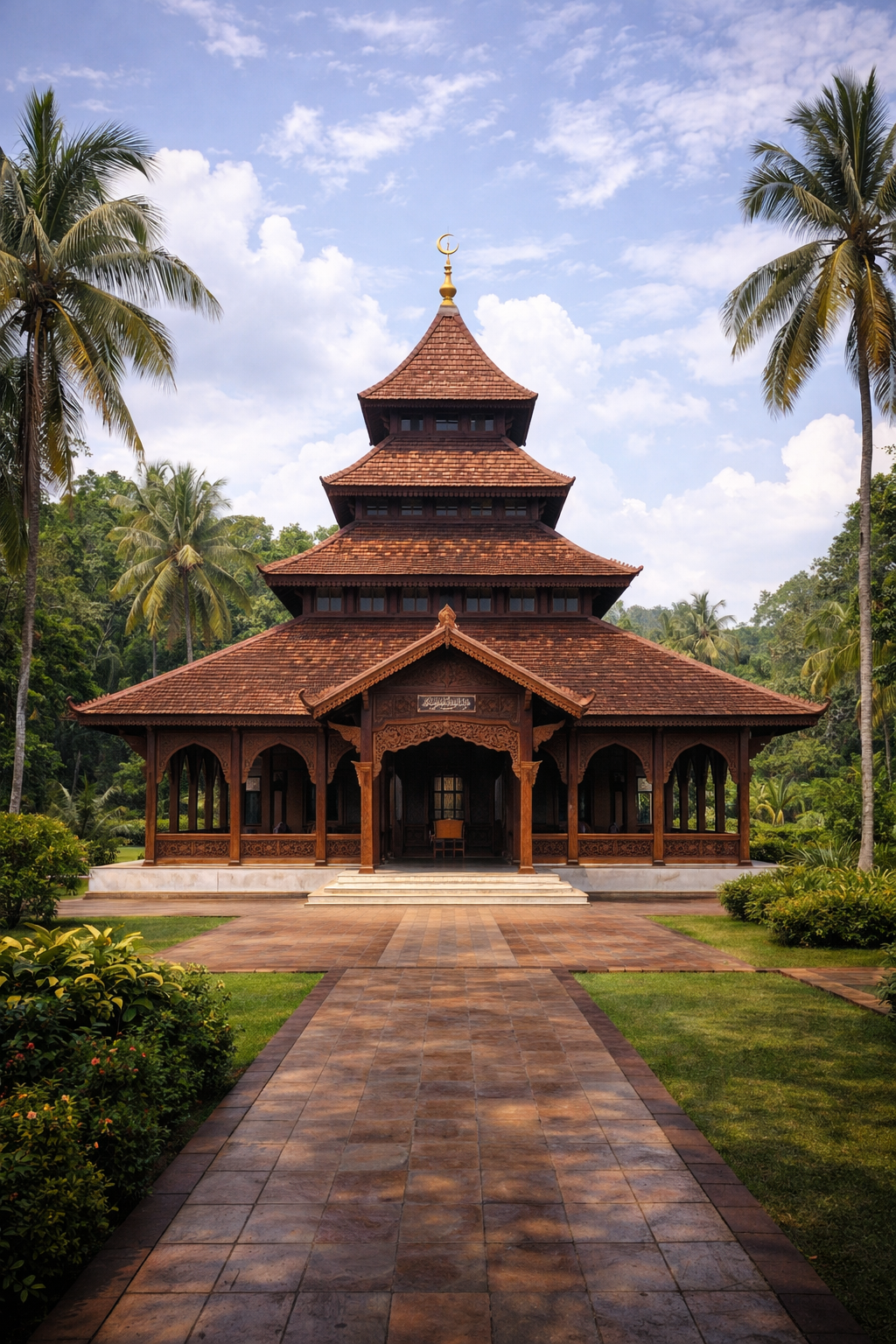 Traditional wooden mosque in Southeast Asia with multi-tiered roof Javanese Malay style surrounded by tropical greenery -- non-dome Islamic architecture HD wallpaper