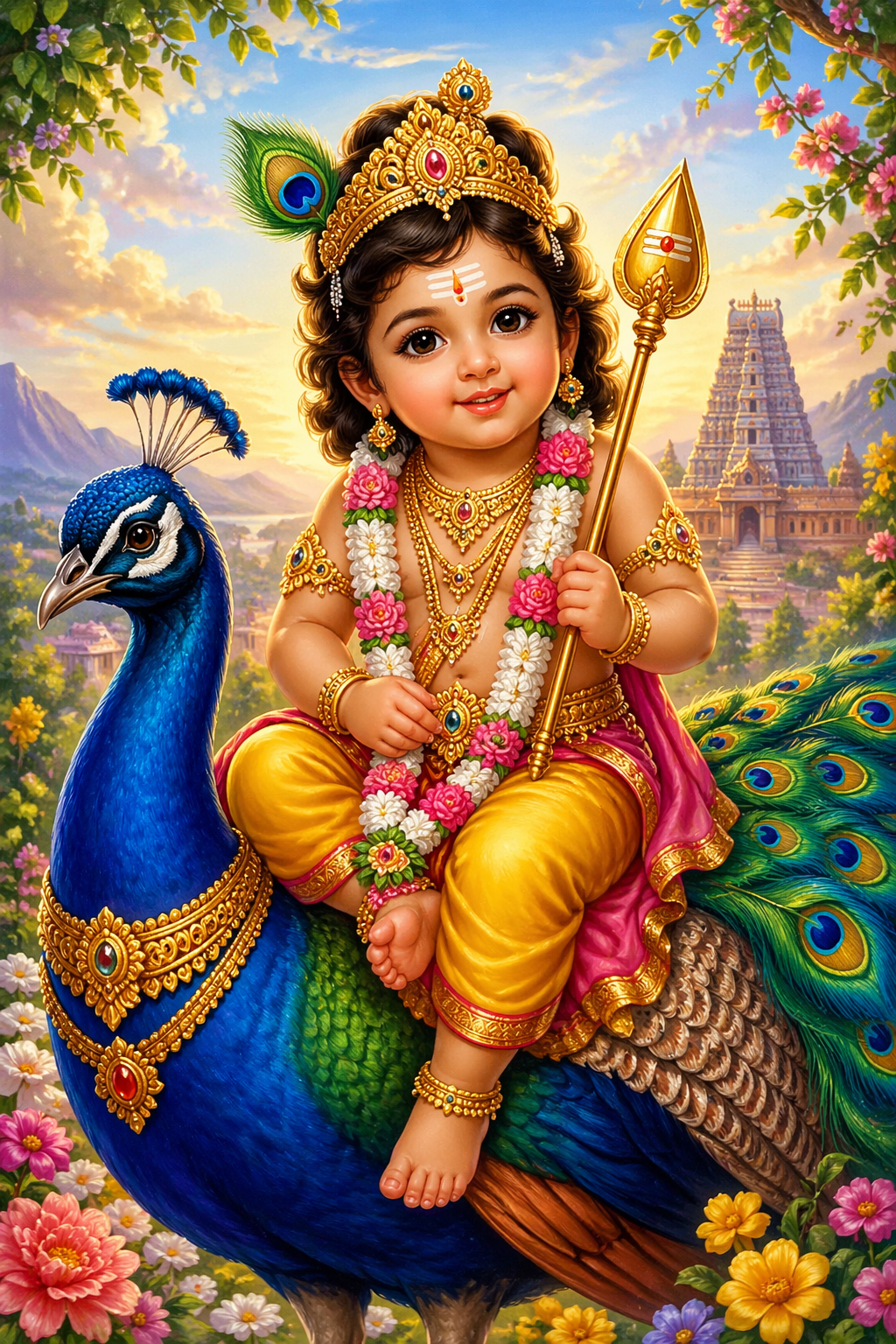 Baby Murugan holding vel sitting on peacock temple background flower garlands traditional Hindu calendar art style -- bala murugan child on peacock wallpaper