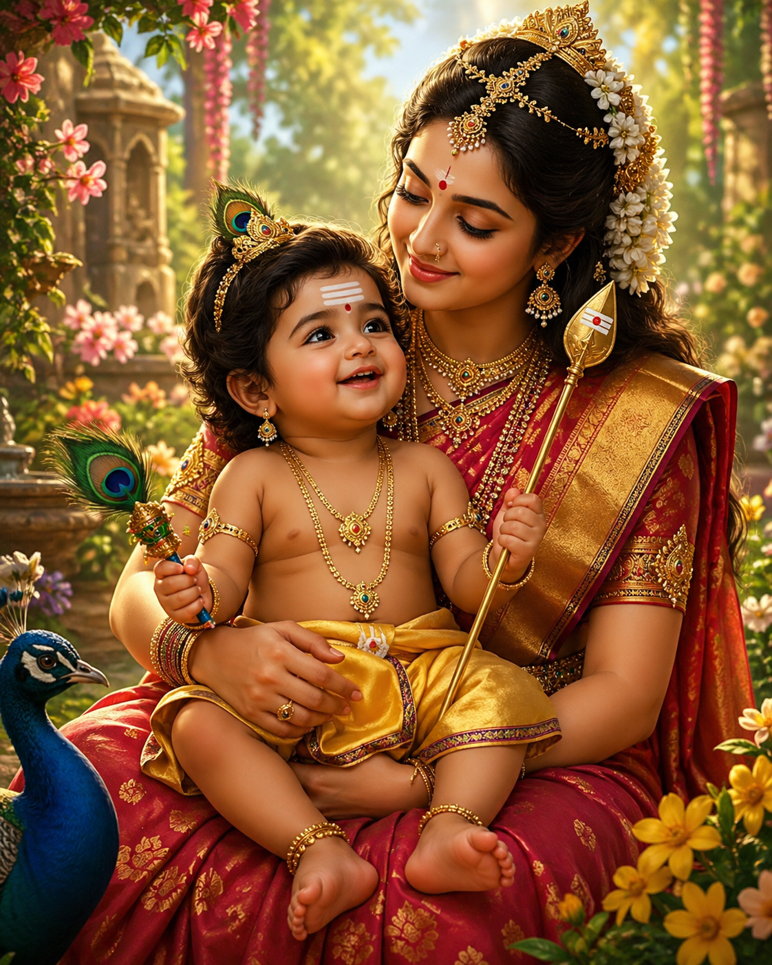 Divine child Bala Murugan Kumara sitting on Parvati lap with small peacock feather toy garden setting warm light