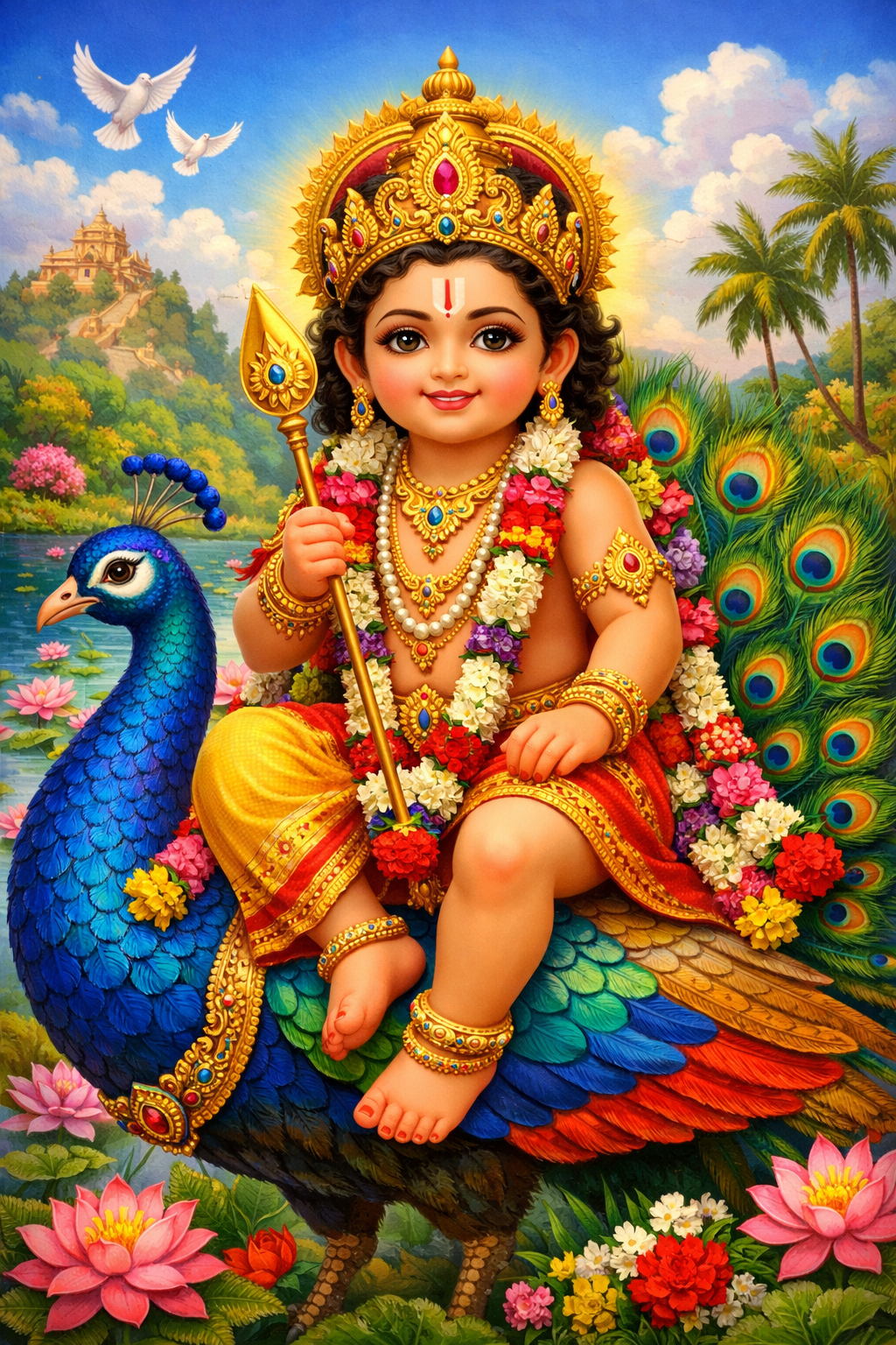 Baby Murugan on peacock lotus pond palm trees hilltop temple dove soft lush tropical garden setting -- bala murugan peacock tropical garden wallpaper