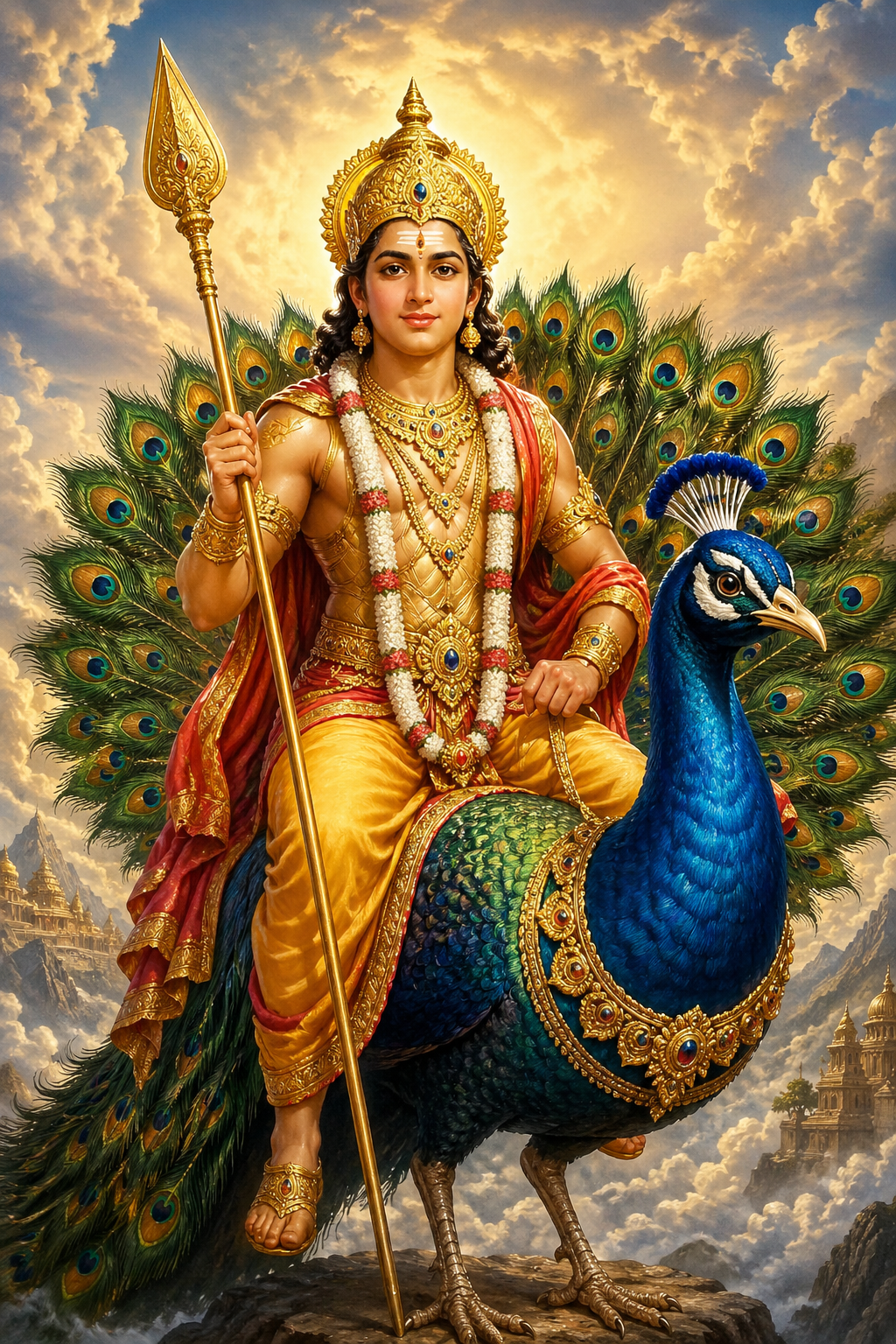 Kartikeya golden divine warrior on magnificent peacock celestial cloud background with Vel spear and gold ornaments